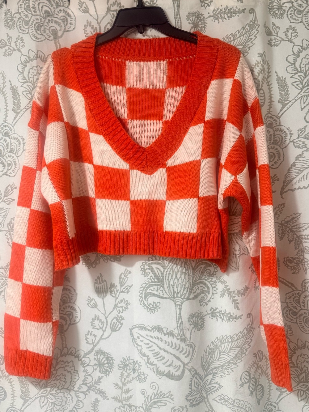 SHEIN Orange and Cream Checkerboard V-Neck Cropped Sweater